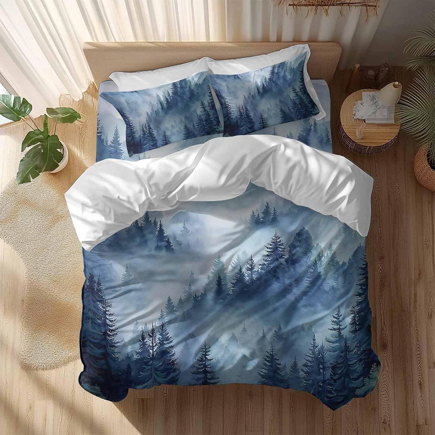 Blue Forest Mountain Duvet Cover Set Queen Size 4 Pieces Retro Watercolor Gradual Foggy Pine Tree Bedding Set with Zipper Closure, 1 Comforter Cover 90x92 Inches 1 Flat Sheet & 2 Pillow Cases