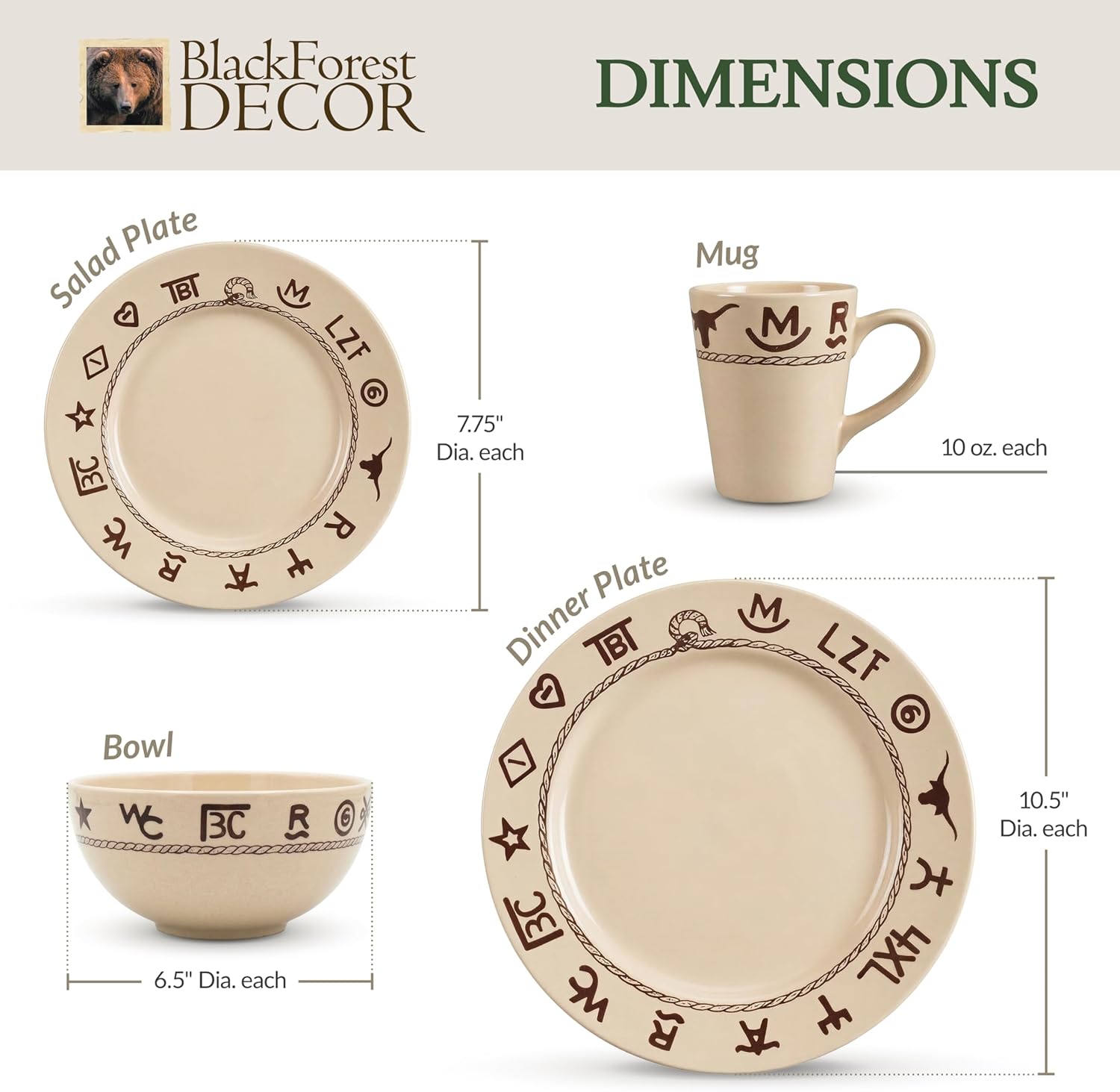 Black Forest Decor Cattle Branded Dinnerware Set - Rustic 16-Piece Stoneware for Ranch & Western Dining