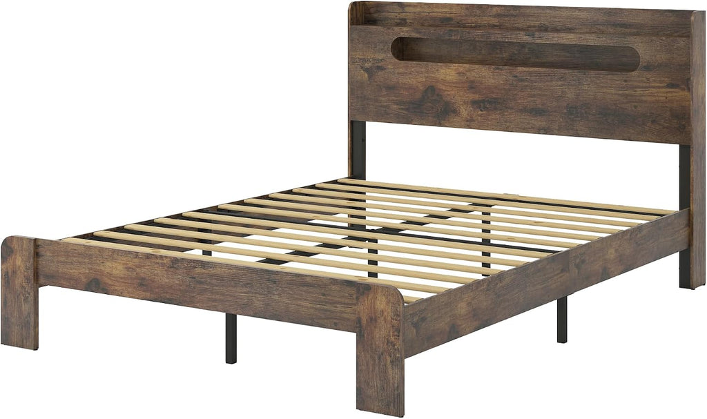 Bellemave Rustic Vintage King Size Bed Frame with Storage Headboard and Charging Station,Wooden Platform Bed Frame King Size with LED Lights and Wood Slats,Easy Assembly,Dark Brown
