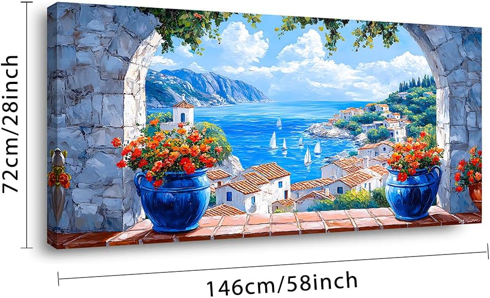 LAVIKARS Seascape Wall Art Navy blue Oil Painting Reproduction Print Modern window view Canvas Paintings Artwork Landscape Picture for Living Room Bedroom Home Kitchen Decor (28x58inch)