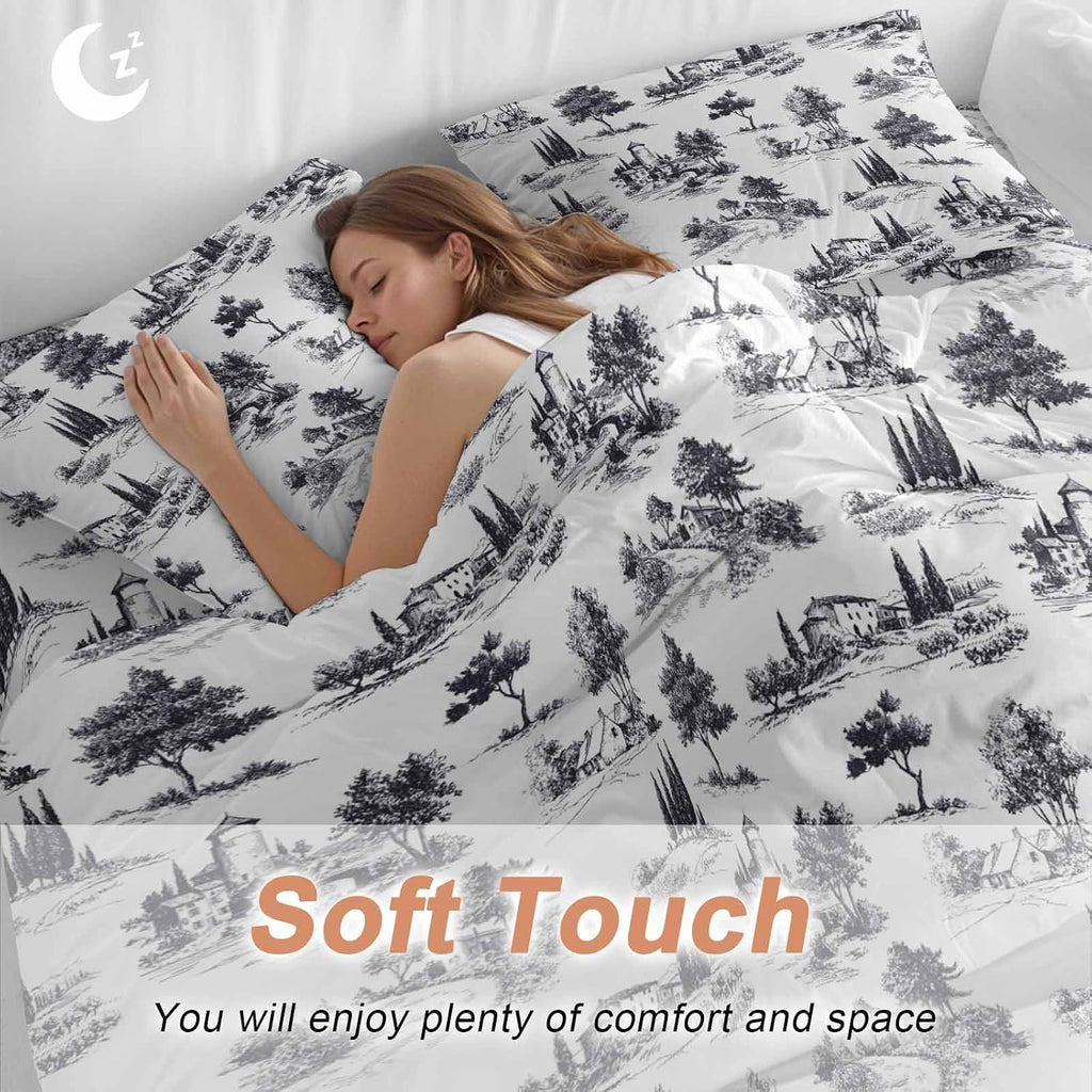 Farmhouses Plants Duvet Cover Set Queen Size 4 Pieces Mystic Castle Rustic Abstract Tree Retro Bedding Set with Zipper Closure, 1 Comforter Cover 90x92 Inches 1 Flat Sheet & 2 Pillow Cases