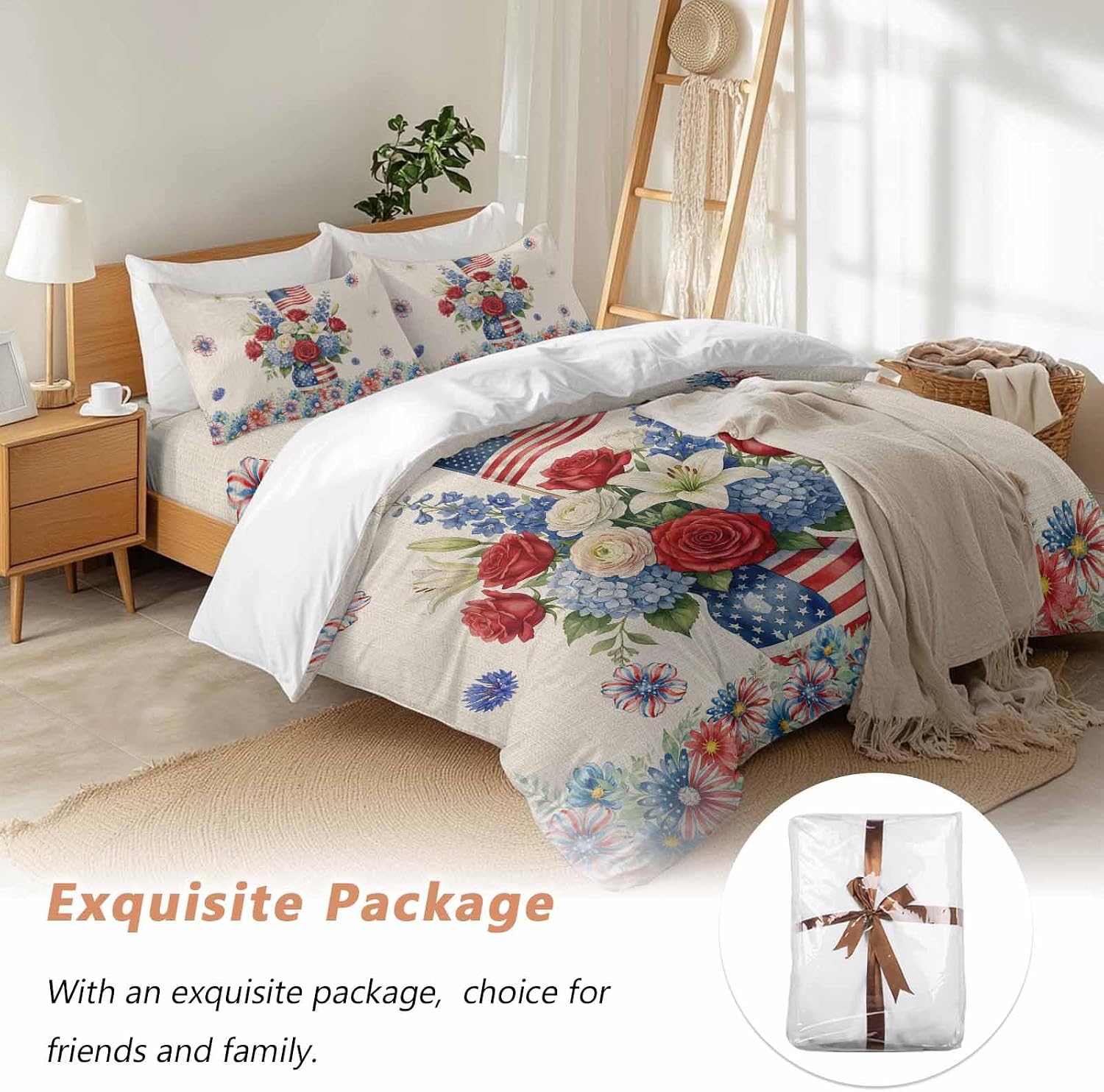 Independence Day Duvet Cover Set Queen Size 4 Pieces Red Blue USA Flag Penang Flower Stars Linen Texture Bedding Set with Zipper Closure, 1 Comforter Cover 90x92 Inches 1 Flat Sheet & 2 Pillow Cases