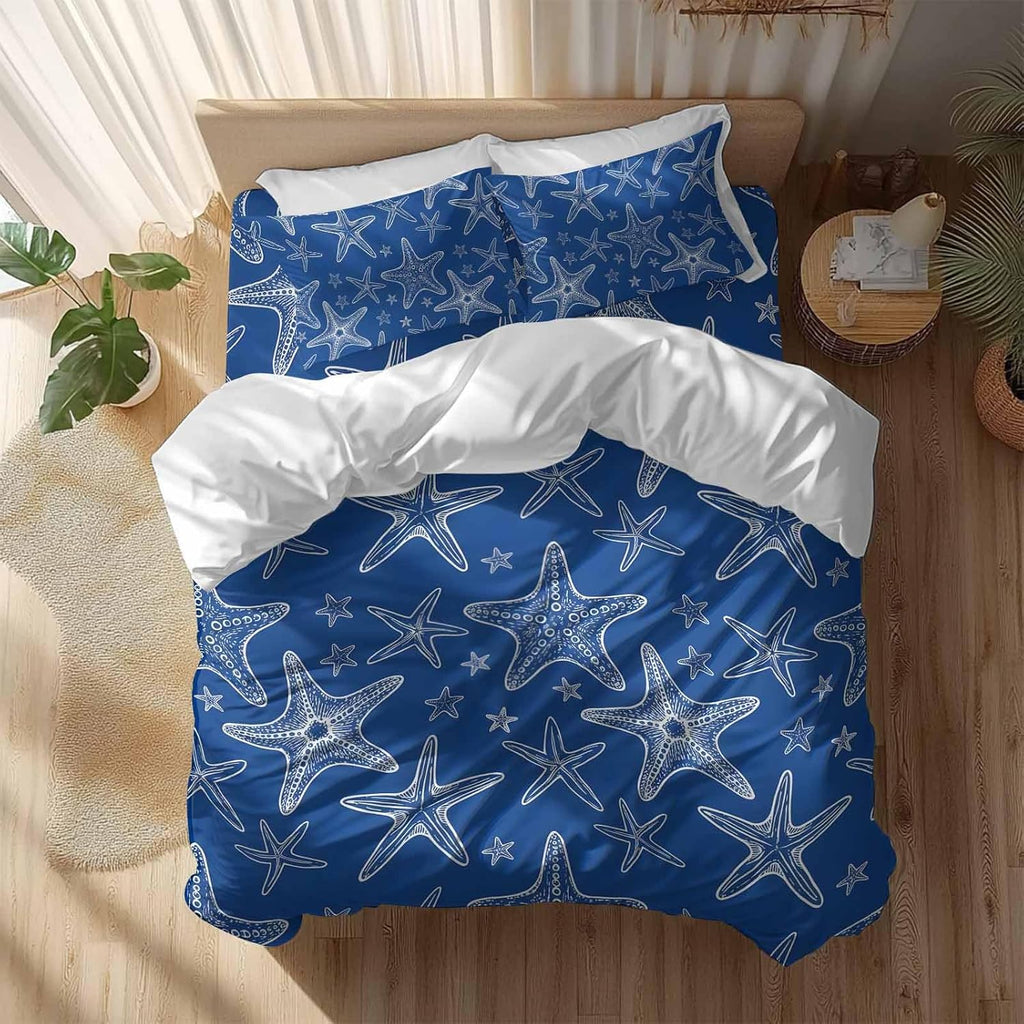 Summer Beach Blue Starfish Duvet Cover Set Queen Size 4 Pieces Modern Nautical Coastal Ocean Marine Life Bedding Set with Zipper Closure, 1 Comforter Cover 86x86 Inches 1 Flat Sheet & 2 Pillow Cases