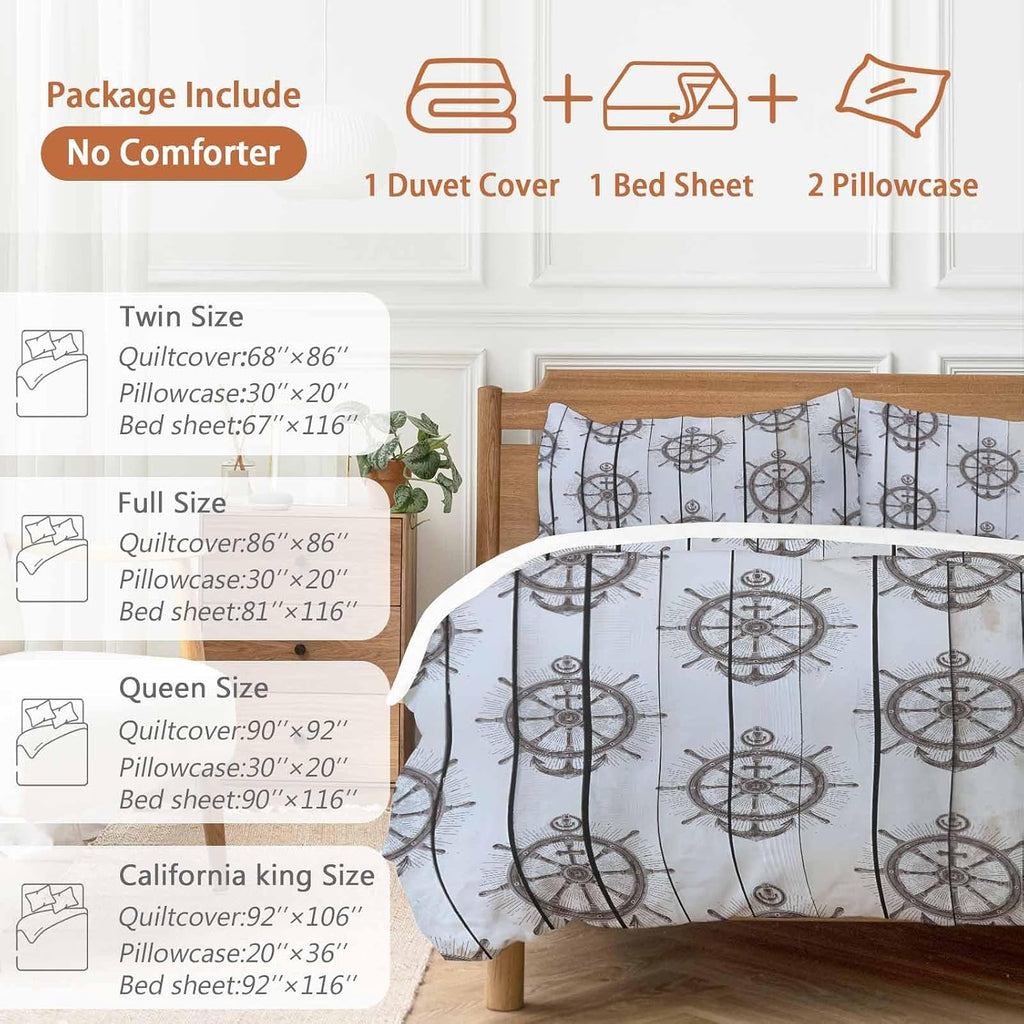 Summer Coastal Duvet Cover Set Queen Size 4 Pieces Nautical Brown Anchor Rudder Ocean Gray Wood Grain Bedding Set with Zipper Closure, 1 Comforter Cover 92x106 Inches 1 Flat Sheet & 2 Pillow Cases
