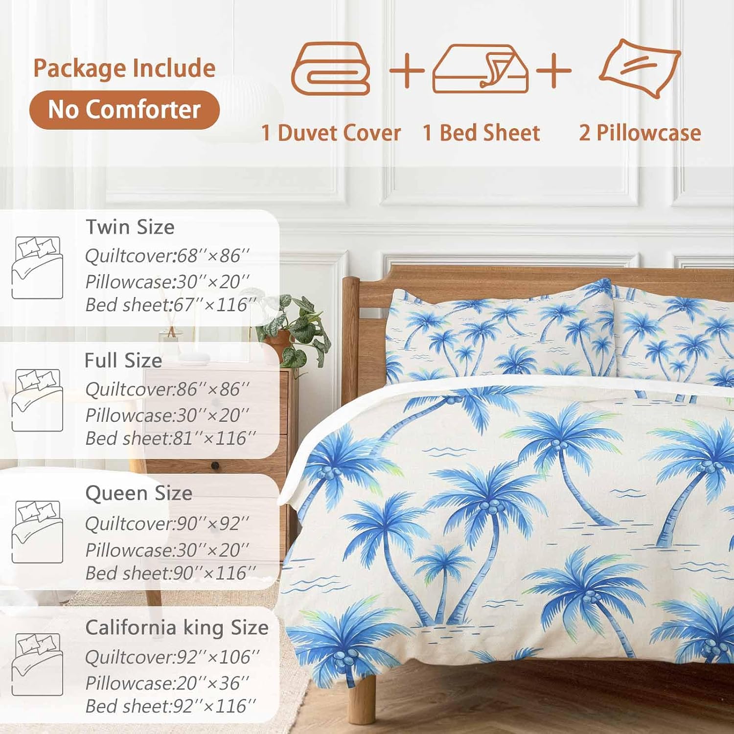 Tropical Plant Duvet Cover Set Queen Size 4 Pieces Blue Palm Trees Watercolor Tree Gradient Summer Bedding Set with Zipper Closure, 1 Comforter Cover 86x86 Inches 1 Flat Sheet & 2 Pillow Cases