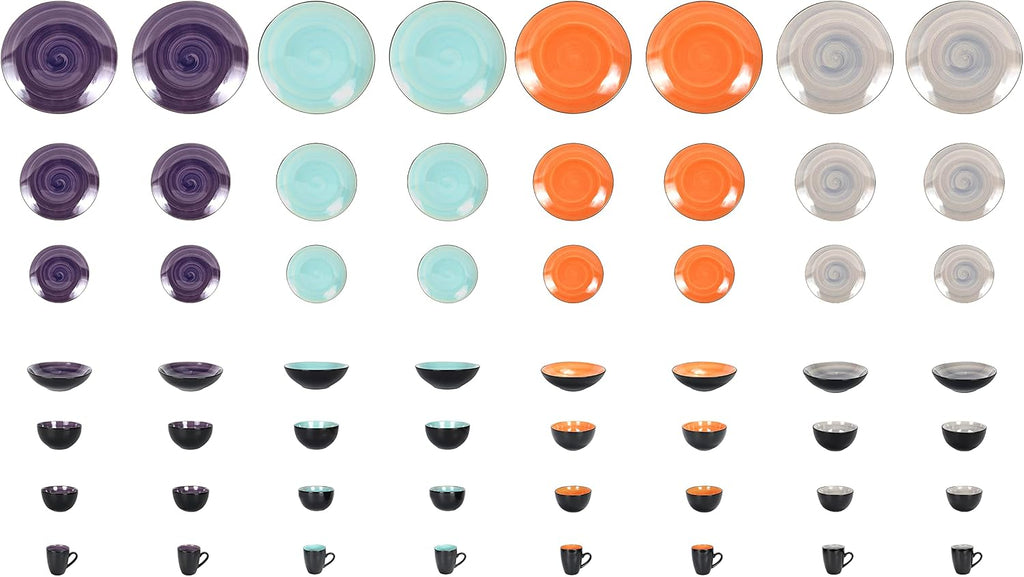 Stoneware Sonoma 56pc Dinnerware Set, Black + Speckled Spin Wash Mixed Colors of Purple, Turquoise, Orange and Grey