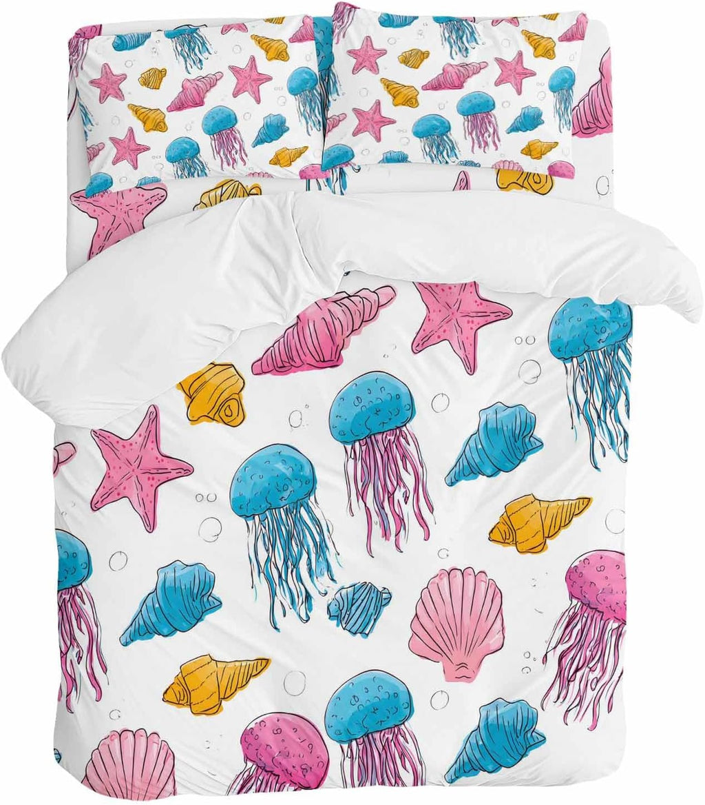 Marine Life Duvet Cover Set Queen Size 4 Pieces Nautical Ocean Pink Blue Yellow Jellyfish Starfish Shell Bedding Set with Zipper Closure, 1 Comforter Cover 92x106 Inches 1 Flat Sheet & 2 Pillow Cases