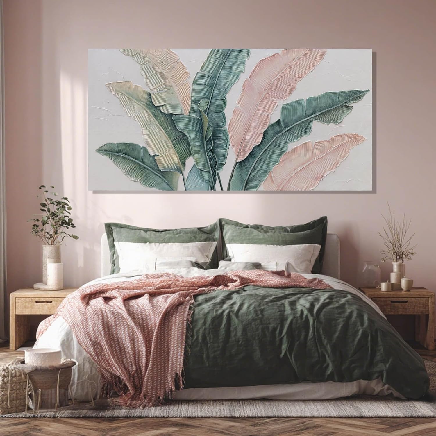 SHEYOYE Large Wall Art, Green Plant Canvas Painting, Pink Modern, Wall Hanging, Cuadros Para Comedor Elegantes y Modernos, For Office, Bedroom, Office | 29' x 58'