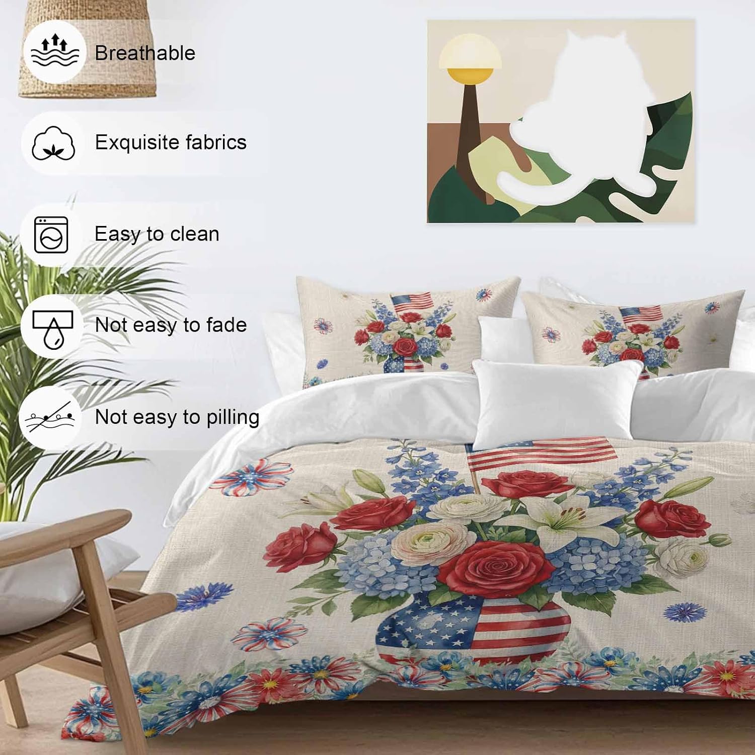 Independence Day Duvet Cover Set Queen Size 4 Pieces Red Blue USA Flag Penang Flower Stars Linen Texture Bedding Set with Zipper Closure, 1 Comforter Cover 90x92 Inches 1 Flat Sheet & 2 Pillow Cases
