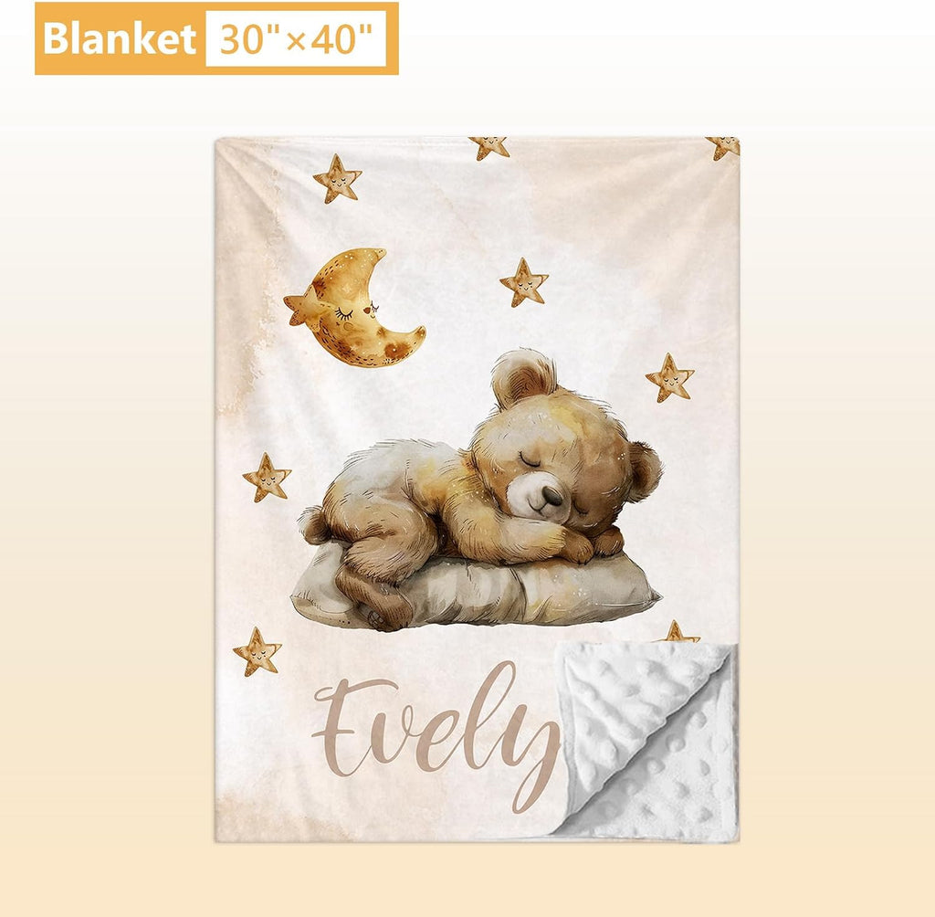 Terwex Personalized Baby Bedding Set, 5 Pcs Custom Baby Crib Sets with Name, Bear Toddler Bedding Set for Baby Boys Girls, Double Layer Nursery Flannel Bedding Set, Customized Gifts for Infants Kids