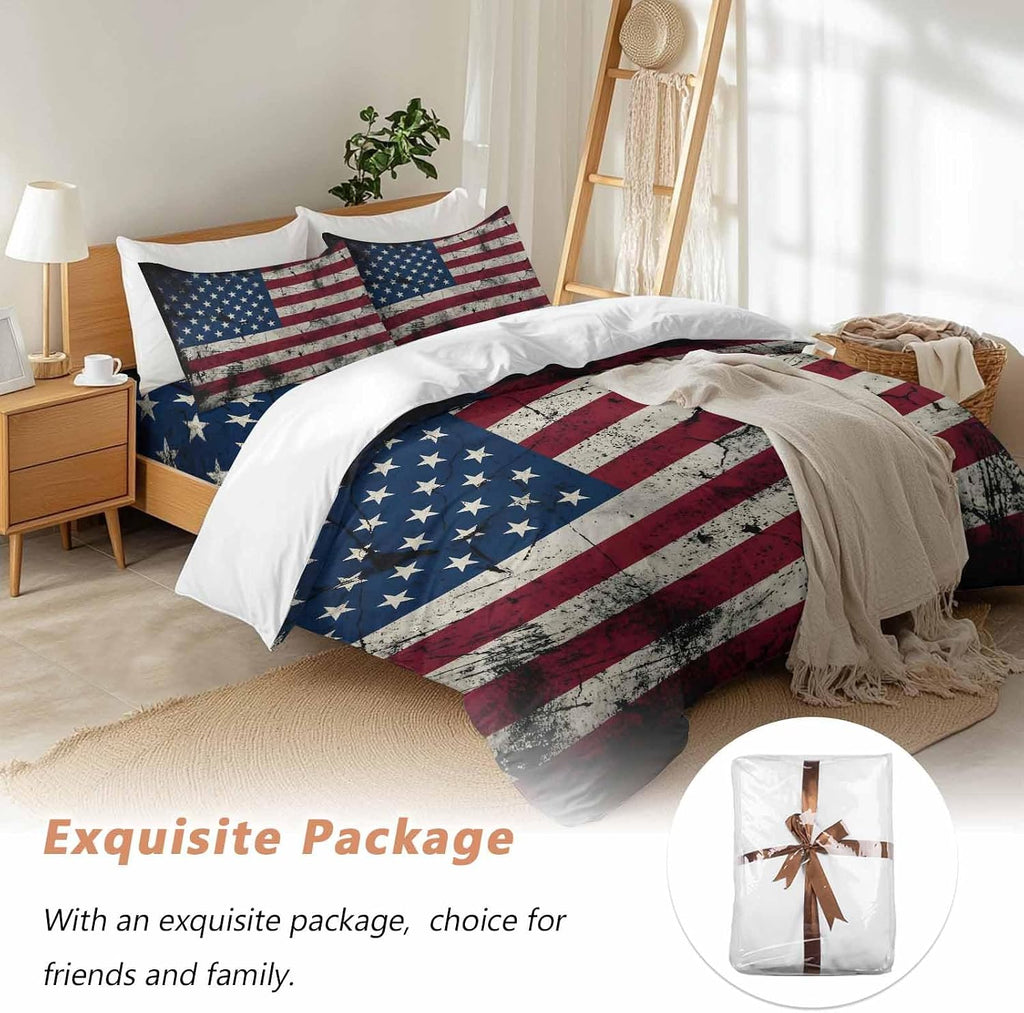 Prime Leader Independence Day Duvet Cover Set Queen Size 4 Pieces Mottled U. S. Flag Shabby Chic Vintage Bedding Set with Zipper Closure, 1 Comforter Cover 90x92 Inches 1 Flat Sheet & 2 Pillow Cases