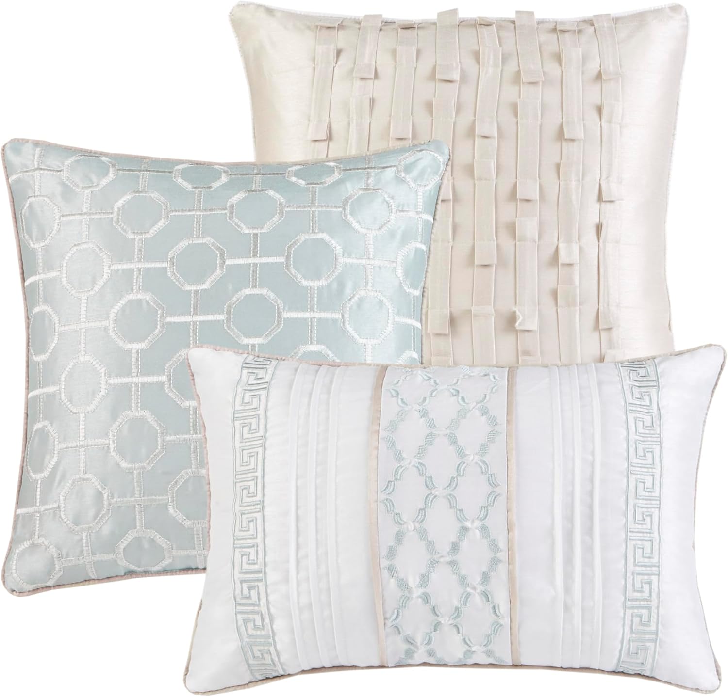 Madison Park Luxury Comforter Set-Traditional Jacquard Design All Season Down Alternative Bedding, Matching Bedskirt, Decorative Pillows, Cal King(104'x92'), Bennett, Geometric Aqua, 7 Piece