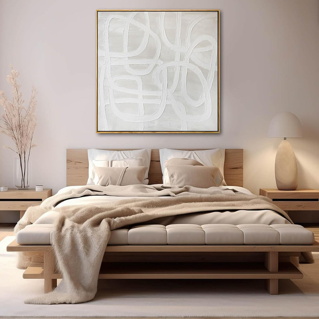 Neutral Abstract Line Wall Art, Framed Canvas Print, Beige Minimalist Modern Decor for Living Room Bedroom Office, Ready to Hang, 40x40 Inch