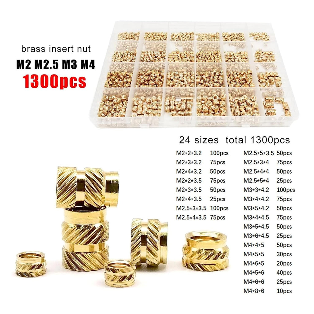 M1.4 M1.6 M2 M2.5 M3 M4 M5M6 Brass Copper Embedment Insert Nut Kit Set for Hot Heat Melt Injection 3D Print Twill Knurled Thread(M2M2.5M3M4 1300pcs)