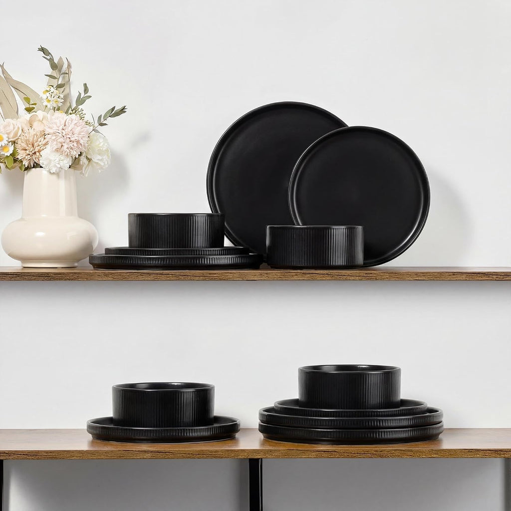 E-far 24-Piece Stoneware Dinnerware Sets, Plates and Bowls Sets for 8, Kitchen Dinning Porcelain Ribbed Dishes Set, Chip & Scratch Resistant, Dishwasher & Microwave Safe, Matte Black