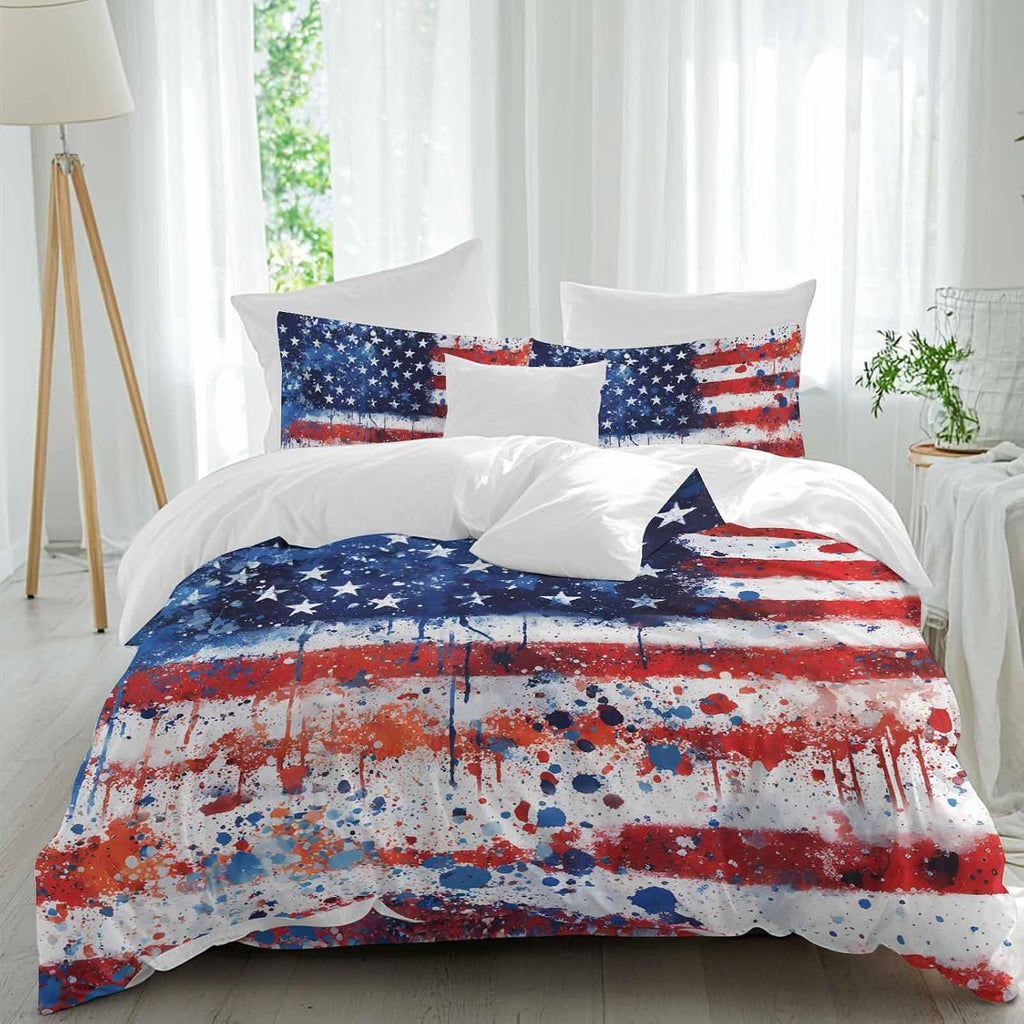 Independence Day Duvet Cover Set Queen Size 4 Pieces Mottled Red Blue White Stars Painted Flag Bedding Set with Zipper Closure, 1 Comforter Cover 90x92 Inches 1 Flat Sheet & 2 Pillow Cases