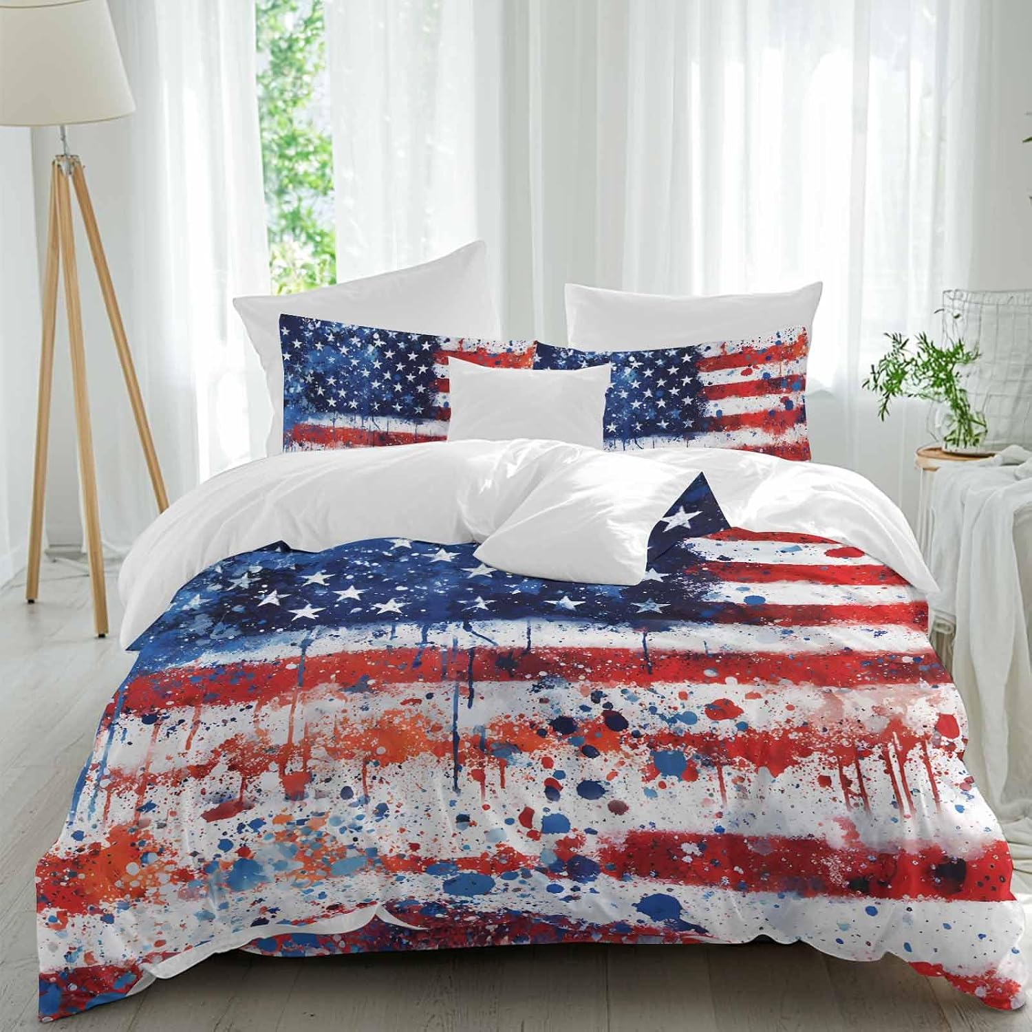 Independence Day Duvet Cover Set Queen Size 4 Pieces Mottled Red Blue White Stars Painted Flag Bedding Set with Zipper Closure, 1 Comforter Cover 90x92 Inches 1 Flat Sheet & 2 Pillow Cases
