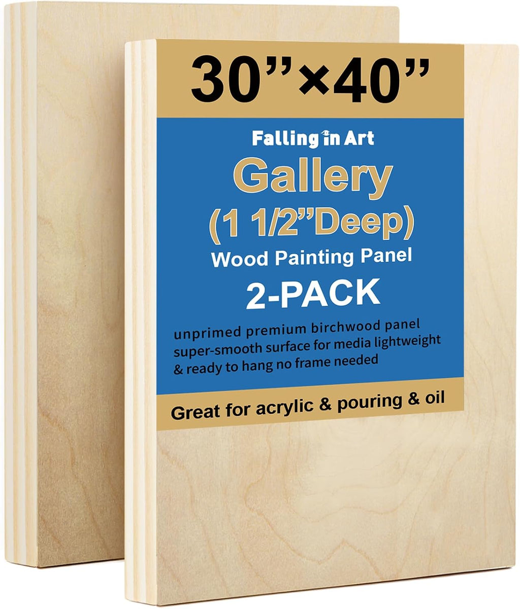 Falling in Art 2 Pack Unfinished Wooden Canvas Panels, 30x40 Gallery Birch Wood Panels Kit, 1 1/2' Deep Art Cradle Boards for Acrylic Painting, Pouring and Burning