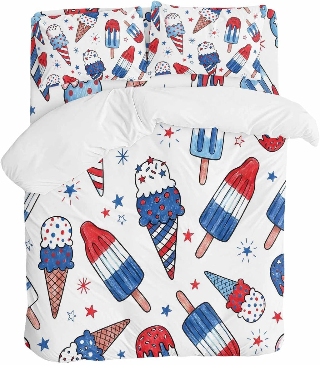 Prime Leader Red Blue Ice Cream Duvet Cover Set Queen Size 4 Pieces Independence Day Watercolor Ice Cream Bedding Set with Zipper Closure, 1 Comforter Cover 86x86 Inches 1 Flat Sheet & 2 Pillow Cases