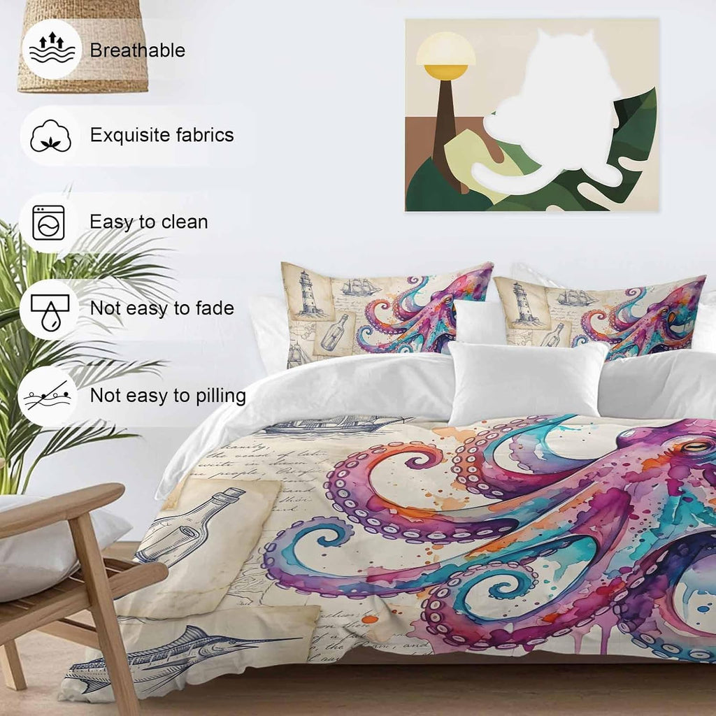 Prime Leader Pink Blue Octopus Duvet Cover Set Queen Size 4 Pieces Watercolor Octopus Newspaper Texture Bedding Set with Zipper Closure, 1 Comforter Cover 86x86 Inches 1 Flat Sheet & 2 Pillow Cases