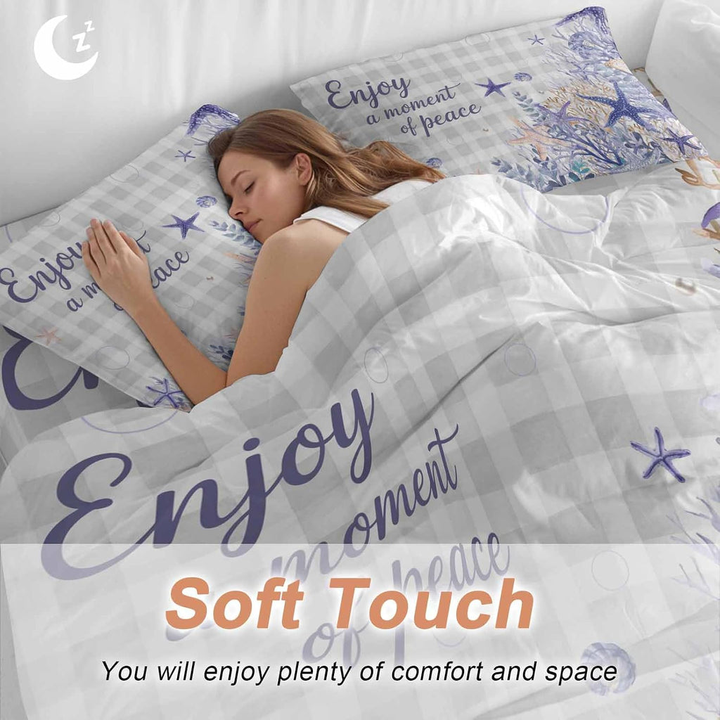Purple Ocean Duvet Cover Set Queen Size 4 Pieces Enjoy A Moment of Peace Beach Starfish Shell Gray Plaid Bedding Set with Zipper Closure, 1 Comforter Cover 90x92 Inches 1 Flat Sheet & 2 Pillow Cases