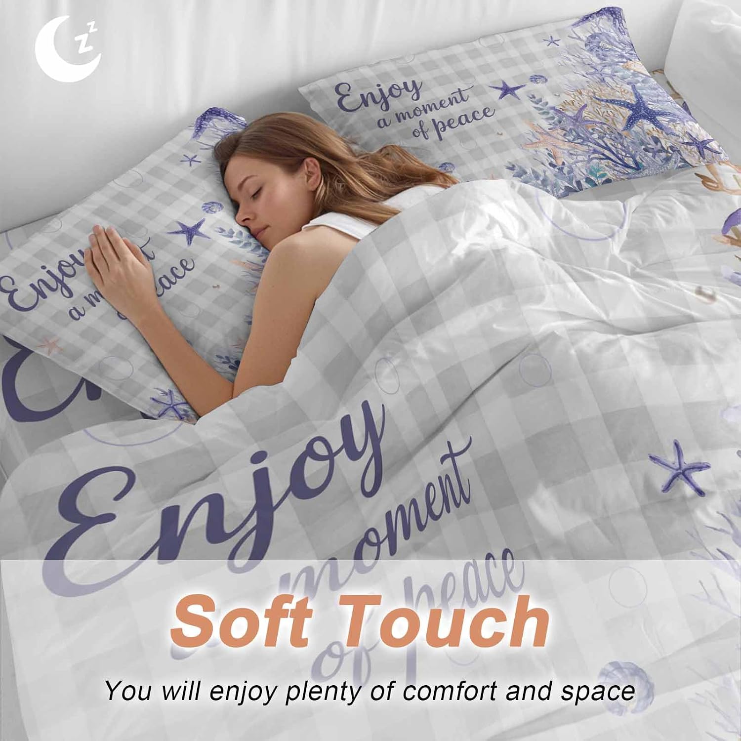 Purple Ocean Duvet Cover Set Queen Size 4 Pieces Enjoy A Moment of Peace Beach Starfish Shell Gray Plaid Bedding Set with Zipper Closure, 1 Comforter Cover 90x92 Inches 1 Flat Sheet & 2 Pillow Cases