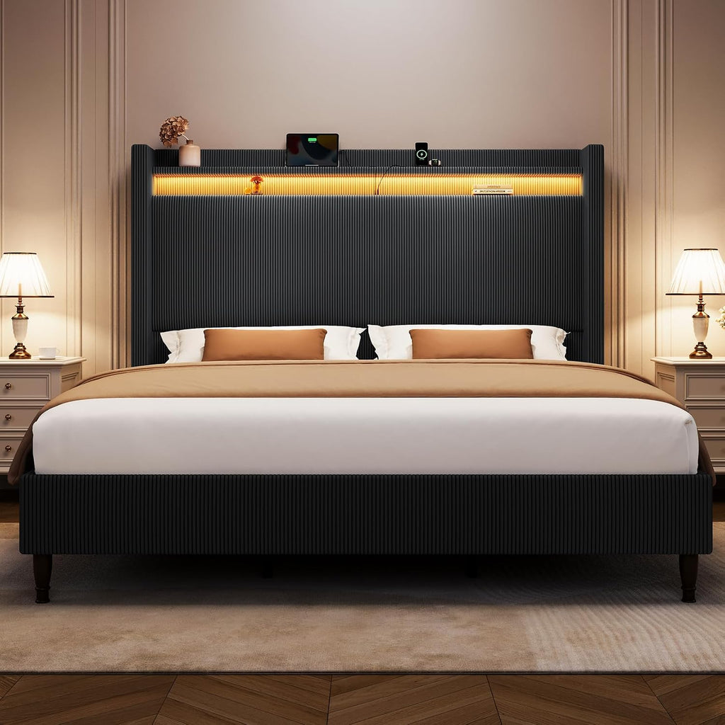 King Size Bed Frame with Tall Headboard, 55.3' Corduroy Upholstered Platform Bedframe with LED Lights & Charging Station, King Beds Wingback Storage Headboard, No Box Spring Needed, Wood Slats, Black