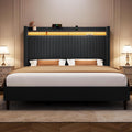 King Size Bed Frame with Tall Headboard, 55.3' Corduroy Upholstered Platform Bedframe with LED Lights & Charging Station, King Beds Wingback Storage Headboard, No Box Spring Needed, Wood Slats, Black
