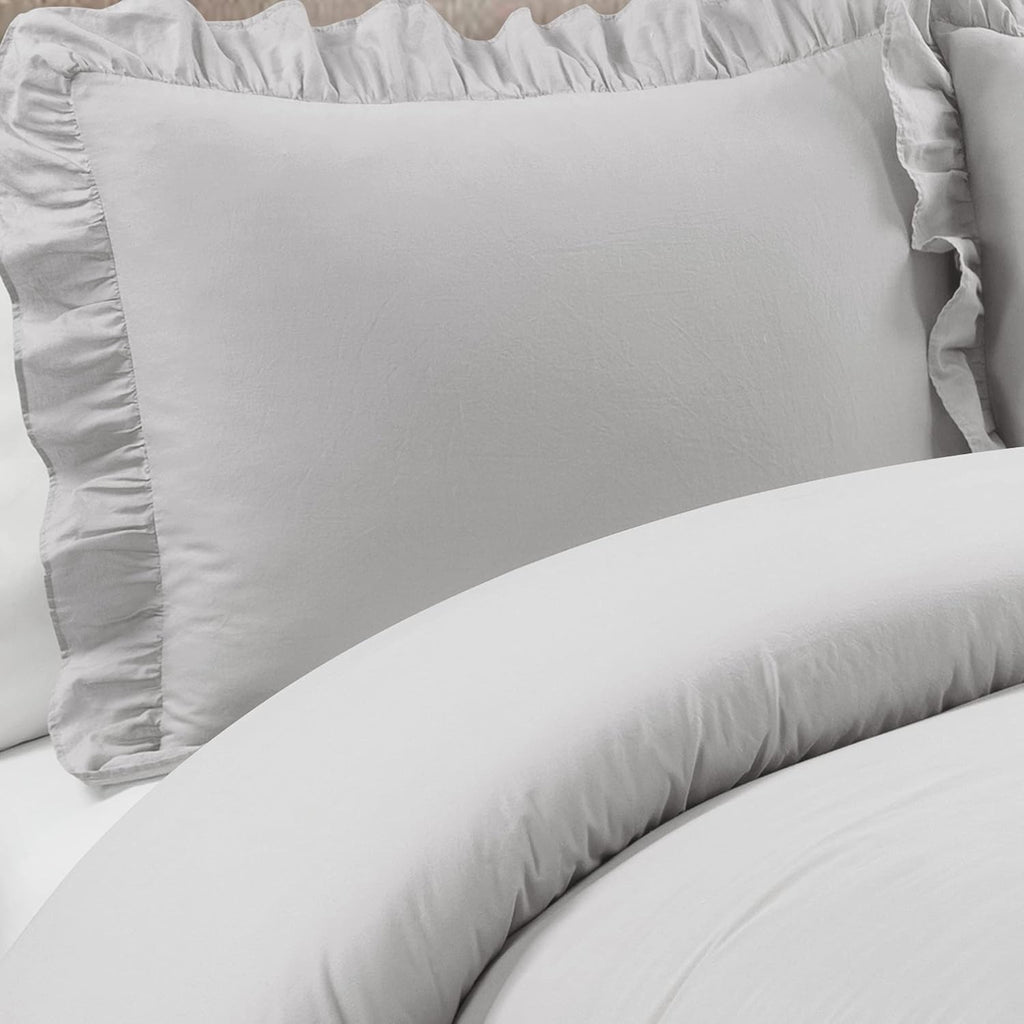 Lush Decor Reyna Ruffle Cotton Duvet Cover Set 3 Piece Set Full/ Queen, Light Gray - Queen Size Bedding Set - Gray Duvet Queen- Ruffled Bedding - Coquette Decor