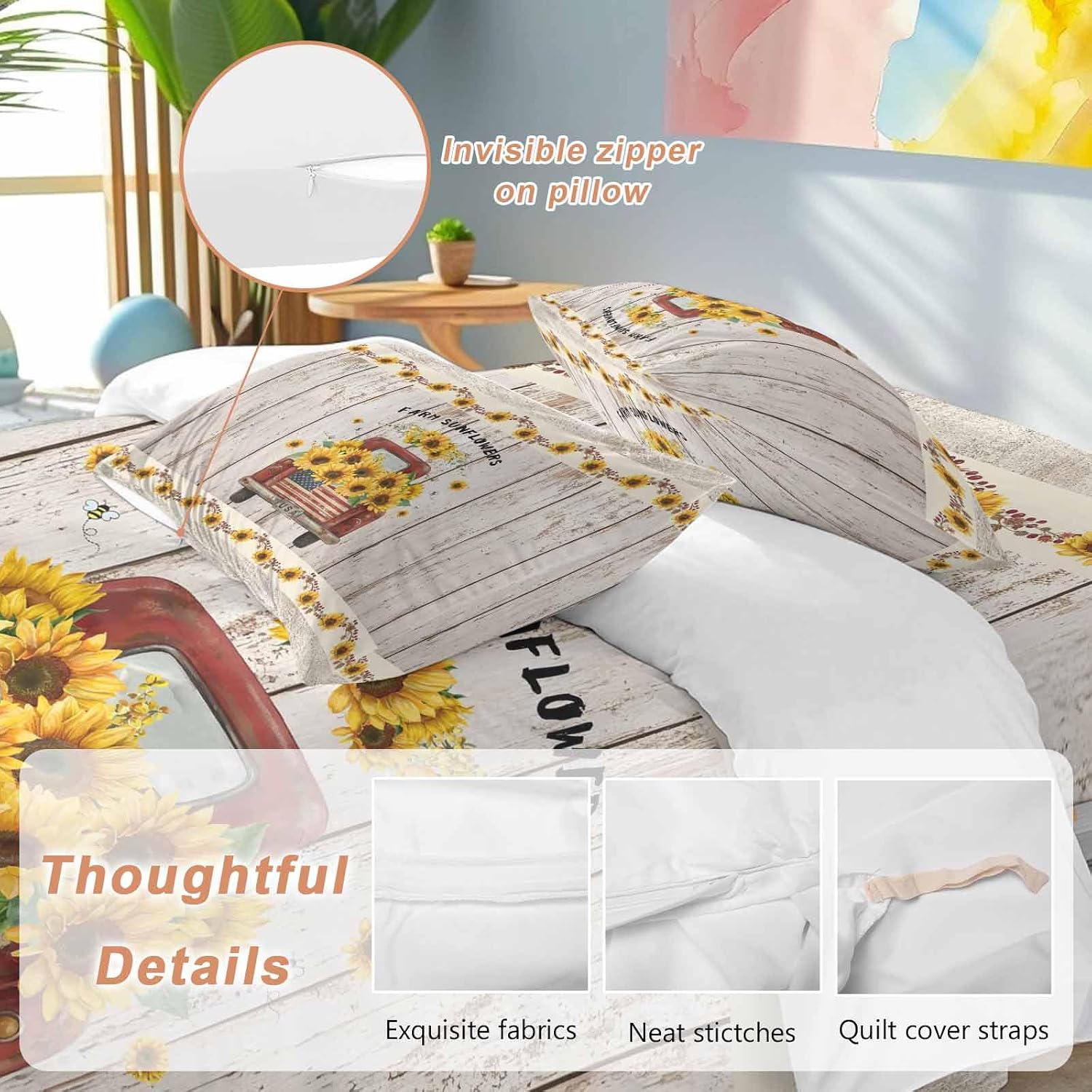 Farm Sunflowers Duvet Cover Set Queen Size 4 Pieces Summer Floral Truck Leaves Fruit Wood Grain Bedding Set with Zipper Closure, 1 Comforter Cover 86x86 Inches 1 Flat Sheet & 2 Pillow Cases