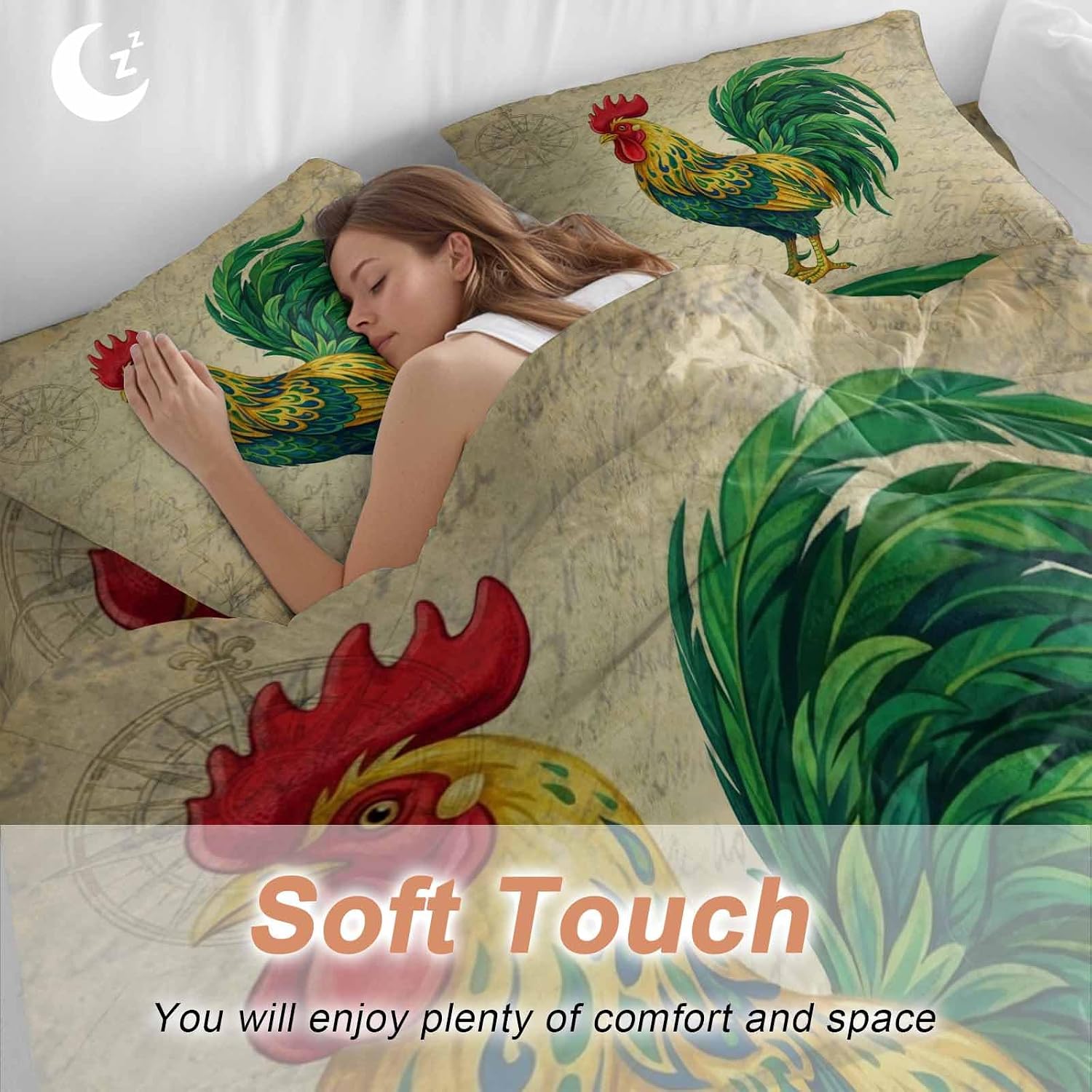 Prime Leader Retro Chicken Duvet Cover Set Queen Size 4 Pieces Farm Rooster Vintage Paper Country Animal Bedding Set with Zipper Closure, 1 Comforter Cover 86x86 Inches 1 Flat Sheet & 2 Pillow Cases