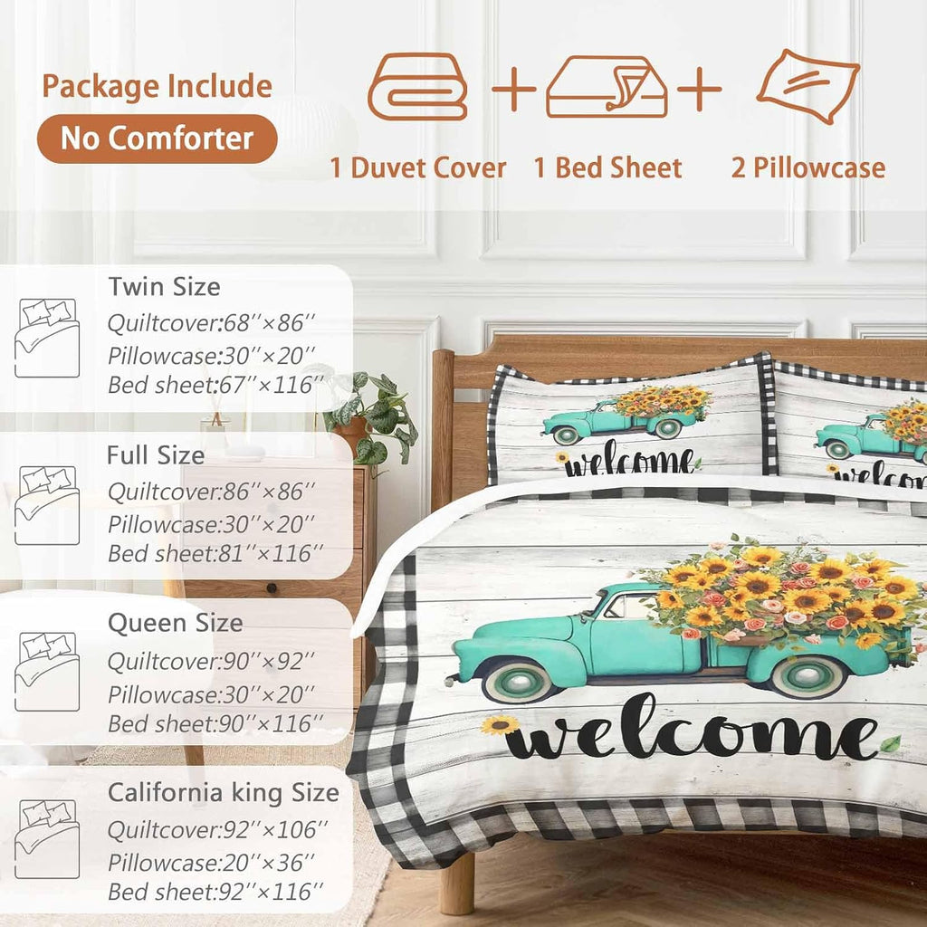 Welcome Duvet Cover Set Queen Size 4 Pieces Summer Flowers Truck Wood Grain Black White Lattice Frame Bedding Set with Zipper Closure, 1 Comforter Cover 90x92 Inches 1 Flat Sheet & 2 Pillow Cases