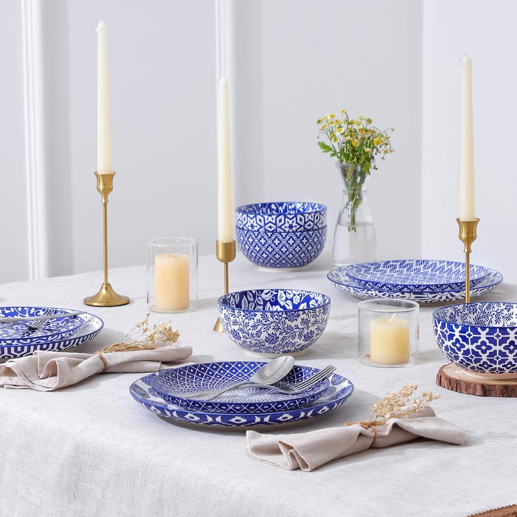 Selamica Ceramic Plates and Bowls Sets,24 Pieces Dinnerware Sets for 8,Scratch Resistant Dish Set for family gathering,Dishwasher & Microwave Safe, Vintage Blue