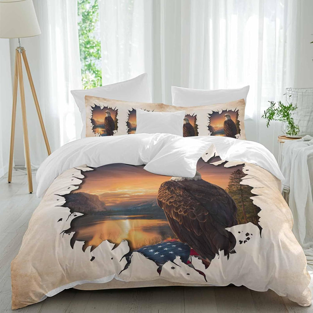 Independence Day Duvet Cover Set Queen Size 4 Pieces Eagle Retro American Flag Sunset Country Bedding Set with Zipper Closure, 1 Comforter Cover 90x92 Inches 1 Flat Sheet & 2 Pillow Cases