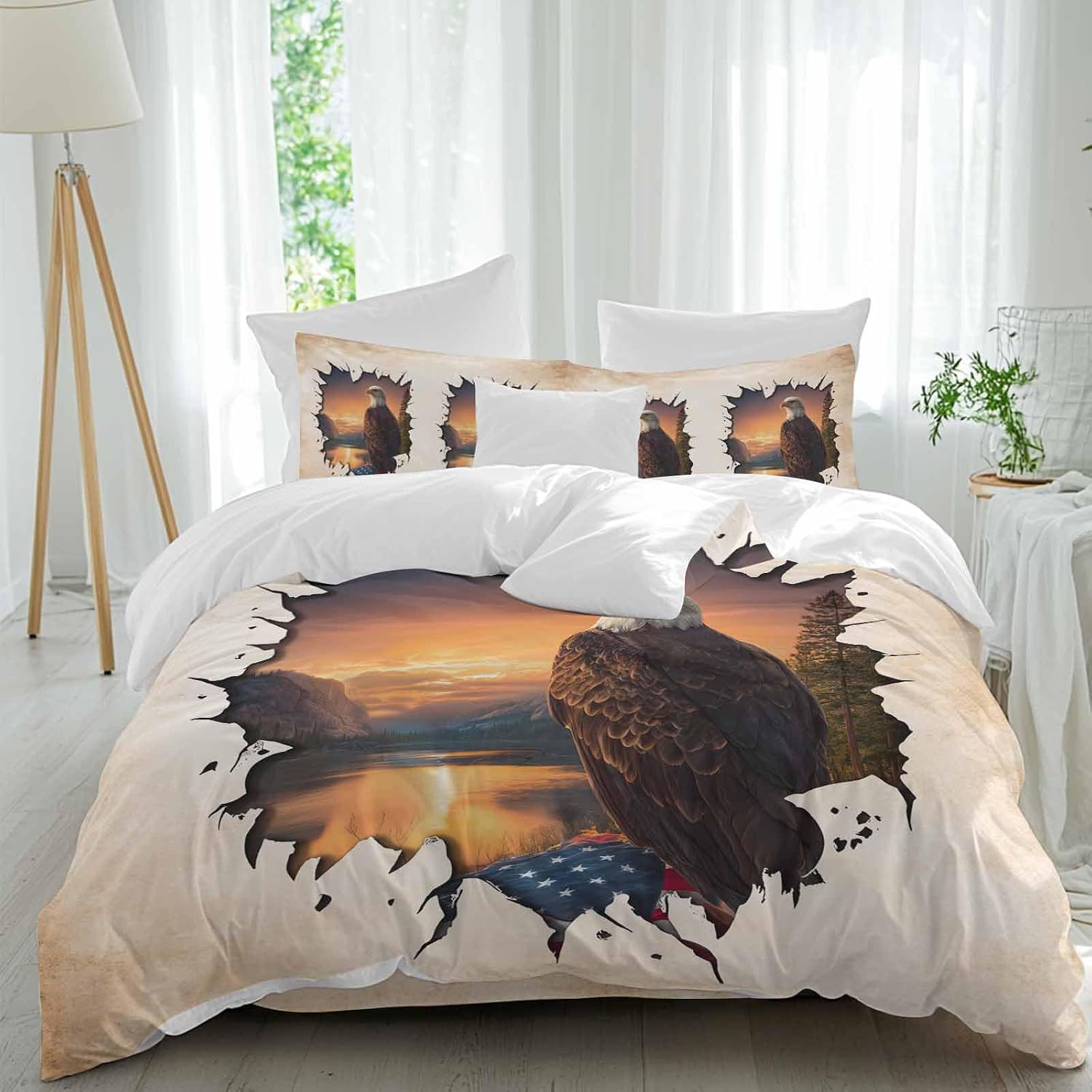 Independence Day Duvet Cover Set Queen Size 4 Pieces Eagle Retro American Flag Sunset Country Bedding Set with Zipper Closure, 1 Comforter Cover 90x92 Inches 1 Flat Sheet & 2 Pillow Cases