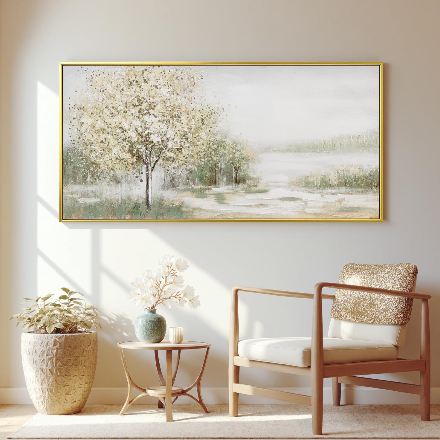 Canvas Wall Art Decor Large Green Wall Art for Living Room Natural Landscape Wall Art Decor Canvas Art Wall Decor Gold Framed Wall Art Prints for Room Bedroom Office Decor 29'X58'