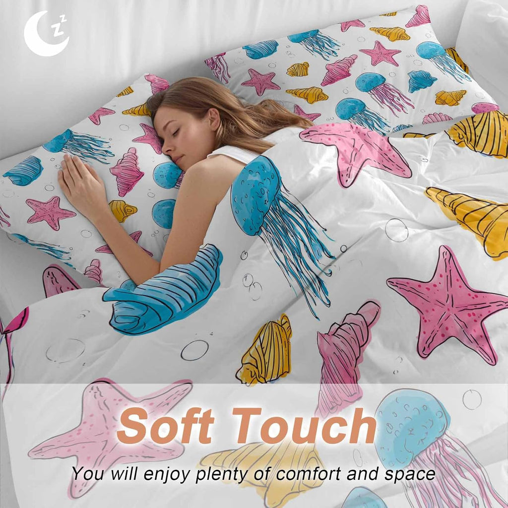 Marine Life Duvet Cover Set Queen Size 4 Pieces Nautical Ocean Pink Blue Yellow Jellyfish Starfish Shell Bedding Set with Zipper Closure, 1 Comforter Cover 86x86 Inches 1 Flat Sheet & 2 Pillow Cases