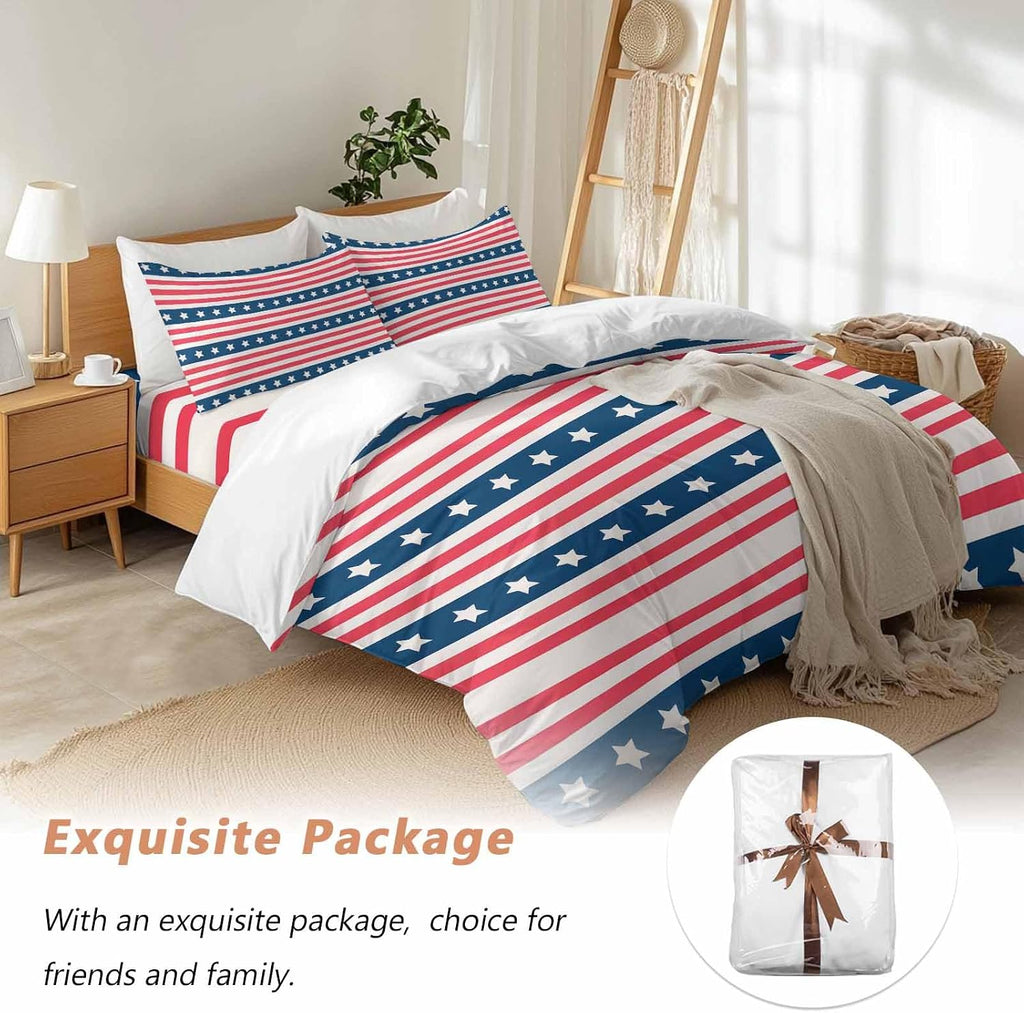 Prime Leader Independence Day Duvet Cover Set Queen Size 4 Pieces Watercolor Red White Blue Stripes White Bedding Set with Zipper Closure, 1 Comforter Cover 90x92 Inches 1 Flat Sheet & 2 Pillow Cases