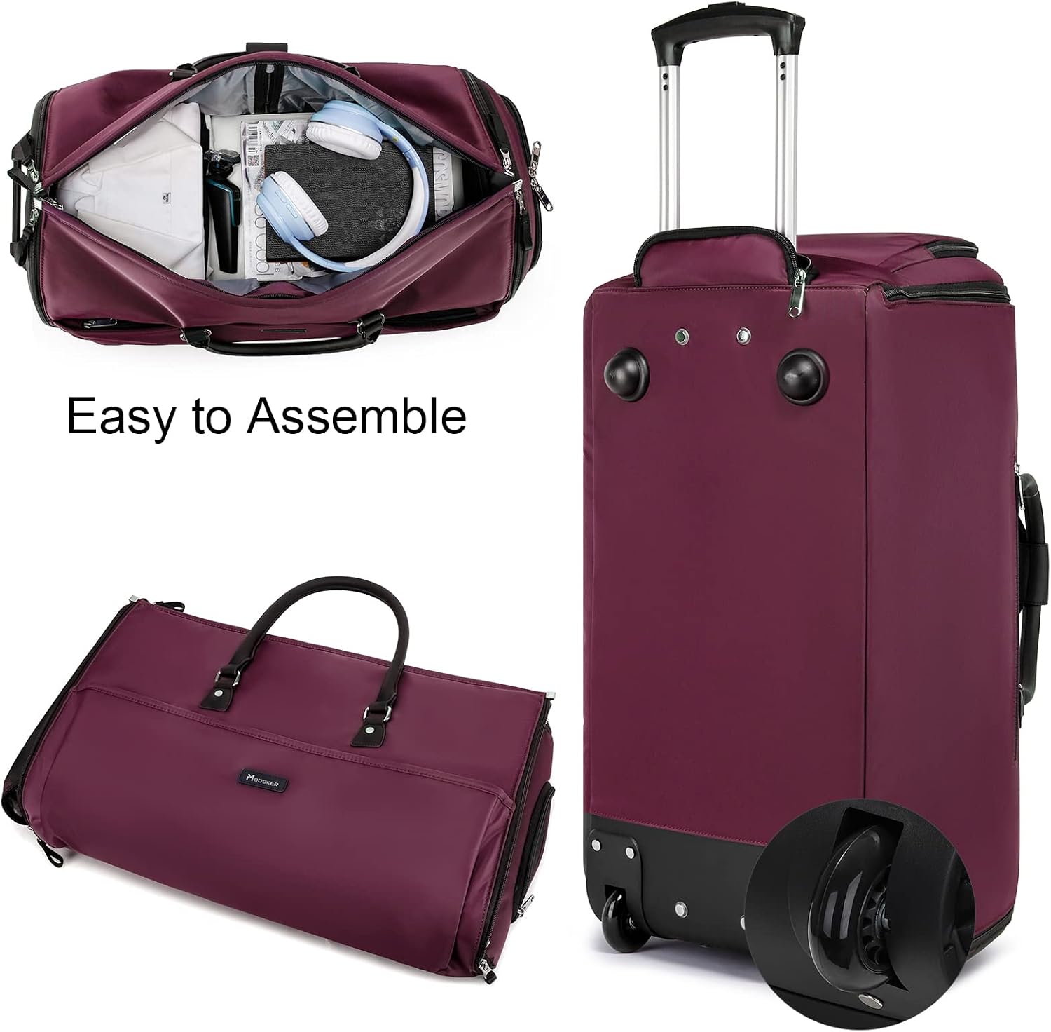 Modoker Rolling Garment Bags, Large Garment Duffle Bag with Wheels, 3 in 1 Garment Suit Luggage Bag for Women Men Business Travel Weekender, Red