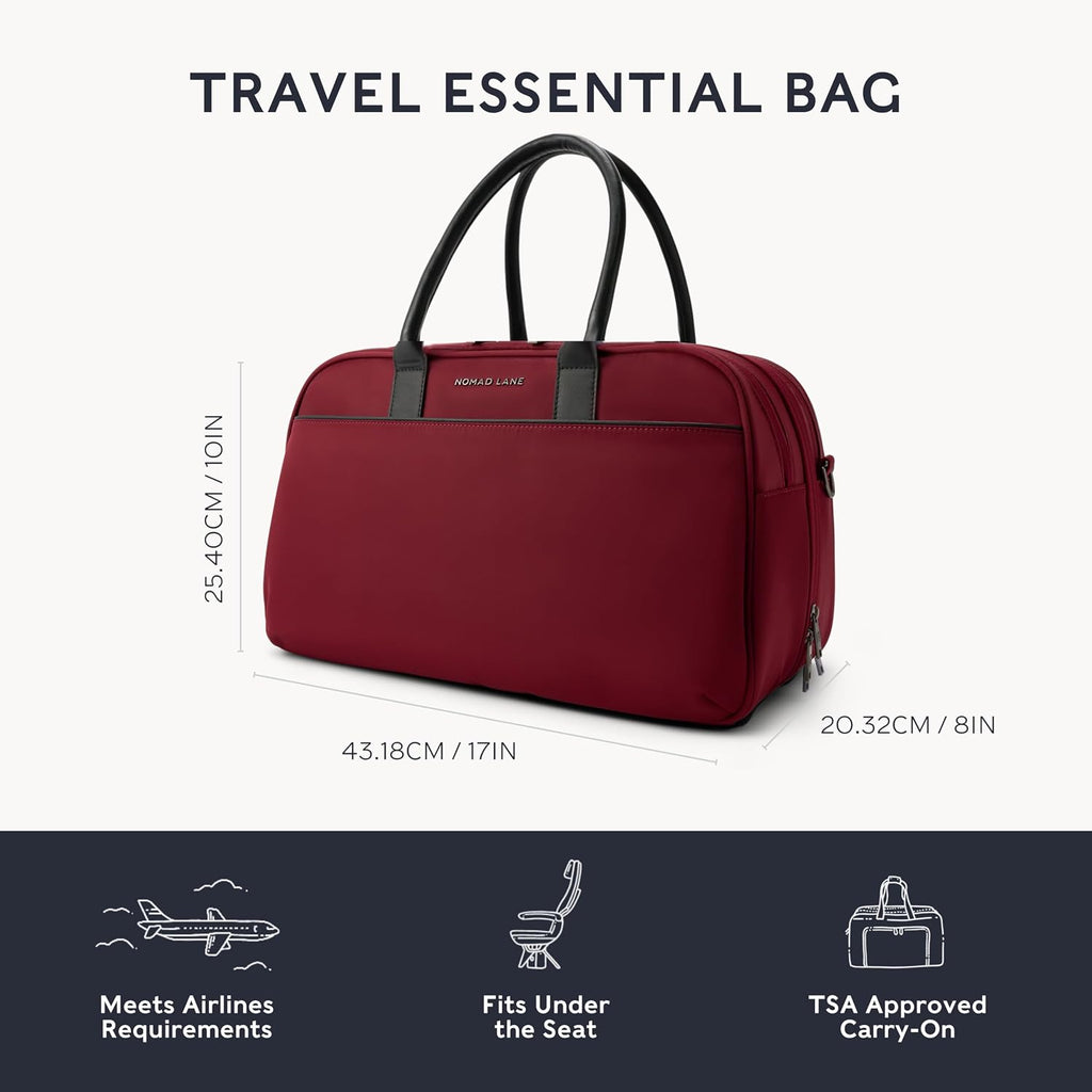 Nomad Lane Carry-On Luggage Duffel Bag, Durable & Lightweight Suitcase. Bento Bag, Personal Item Weekender Travel Bag for Men & Women, Bordeaux Berry