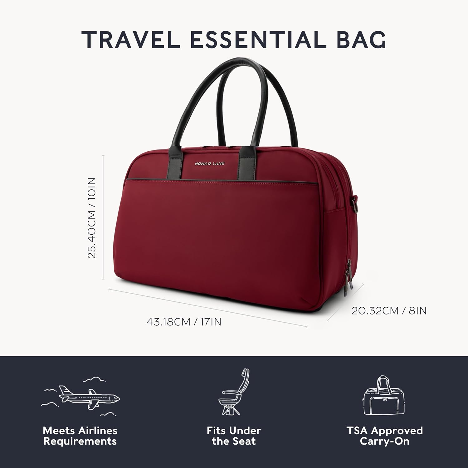 Nomad Lane Carry-On Luggage Duffel Bag, Durable & Lightweight Suitcase. Bento Bag, Personal Item Weekender Travel Bag for Men & Women, Bordeaux Berry