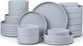 E-far Dinnerware Sets with Pasta Bowls, 24-Piece Stoneware Plates and Bowls Sets for 6 | Microwave & Dishwasher Safe Kitchen Modern Dish Set, Speckled Gray