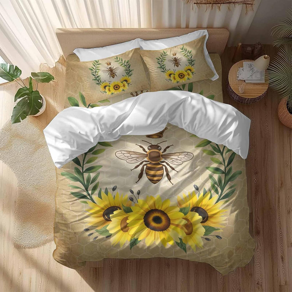 Vintage Crown Bee Duvet Cover Set Queen Size 4 Pieces Country Sunflowers Green Leaves Honeycomb Bedding Set with Zipper Closure, 1 Comforter Cover 86x86 Inches 1 Flat Sheet & 2 Pillow Cases