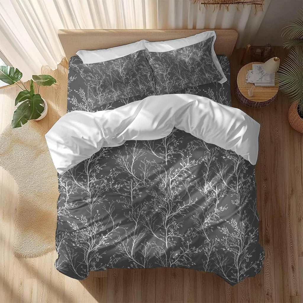 Dark Grey Duvet Cover Set Queen Size 4 Pieces White Tree Branch Botanical Abstract Plant Leaves Bedding Set with Zipper Closure, 1 Comforter Cover 90x92 Inches 1 Flat Sheet & 2 Pillow Cases