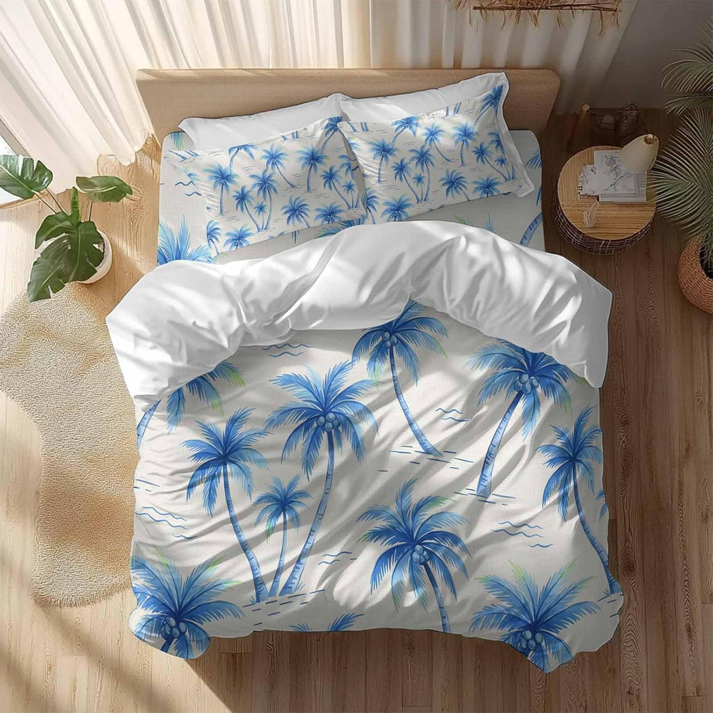 Tropical Plant Duvet Cover Set Queen Size 4 Pieces Blue Palm Trees Watercolor Tree Gradient Summer Bedding Set with Zipper Closure, 1 Comforter Cover 86x86 Inches 1 Flat Sheet & 2 Pillow Cases