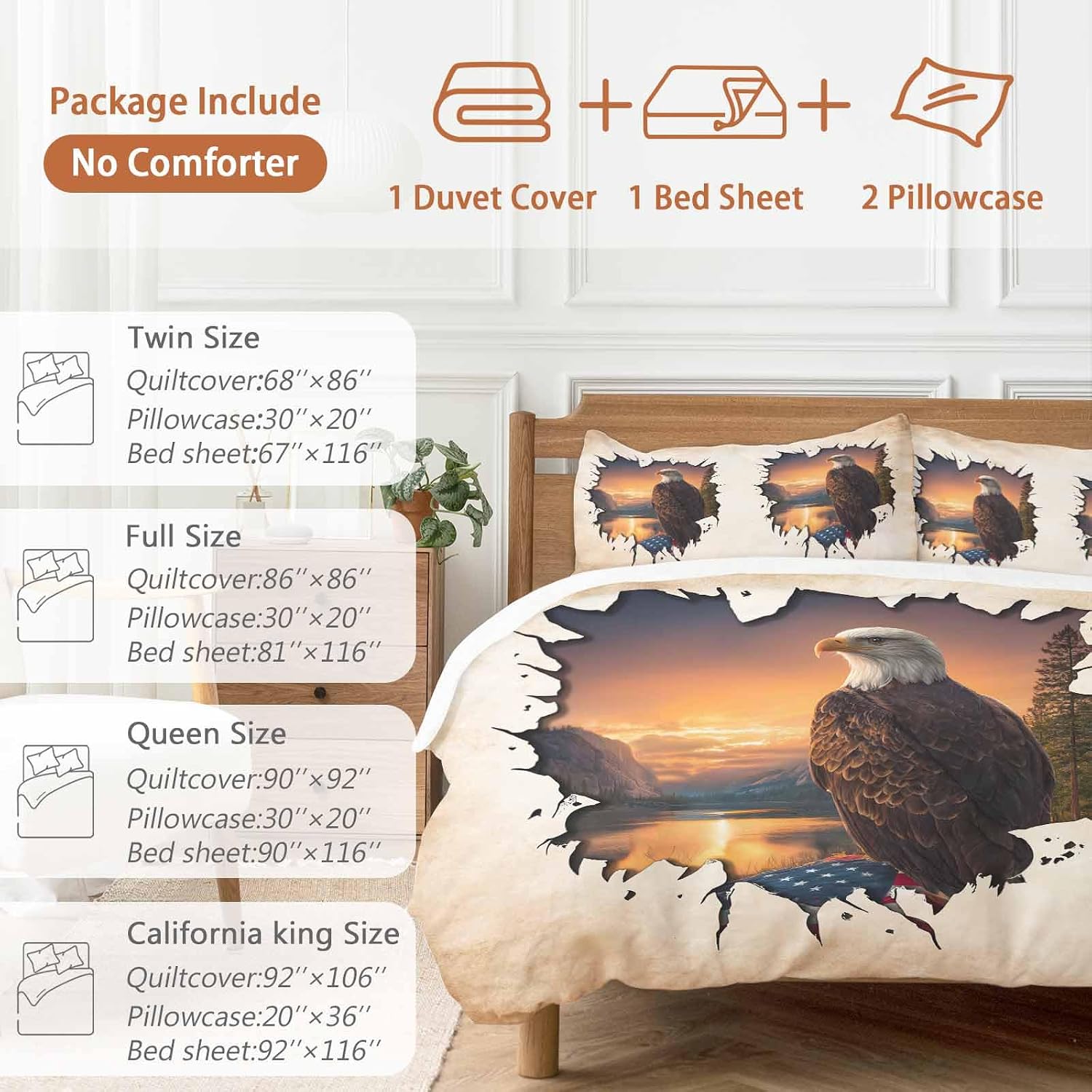 Independence Day Duvet Cover Set Queen Size 4 Pieces Eagle Retro American Flag Sunset Country Bedding Set with Zipper Closure, 1 Comforter Cover 90x92 Inches 1 Flat Sheet & 2 Pillow Cases