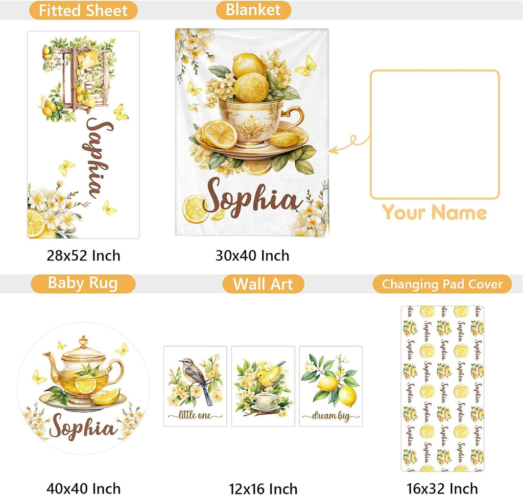 Terwex Personalized Baby Crib Bedding Set, 5 Pcs Custom Name Nursery Bedding Set, Lemon Tea Baby Bedding Set for Girls Boys, Double Layer Flannel Baby Crib Set, Toddlers Kids Infants Customized Gifts