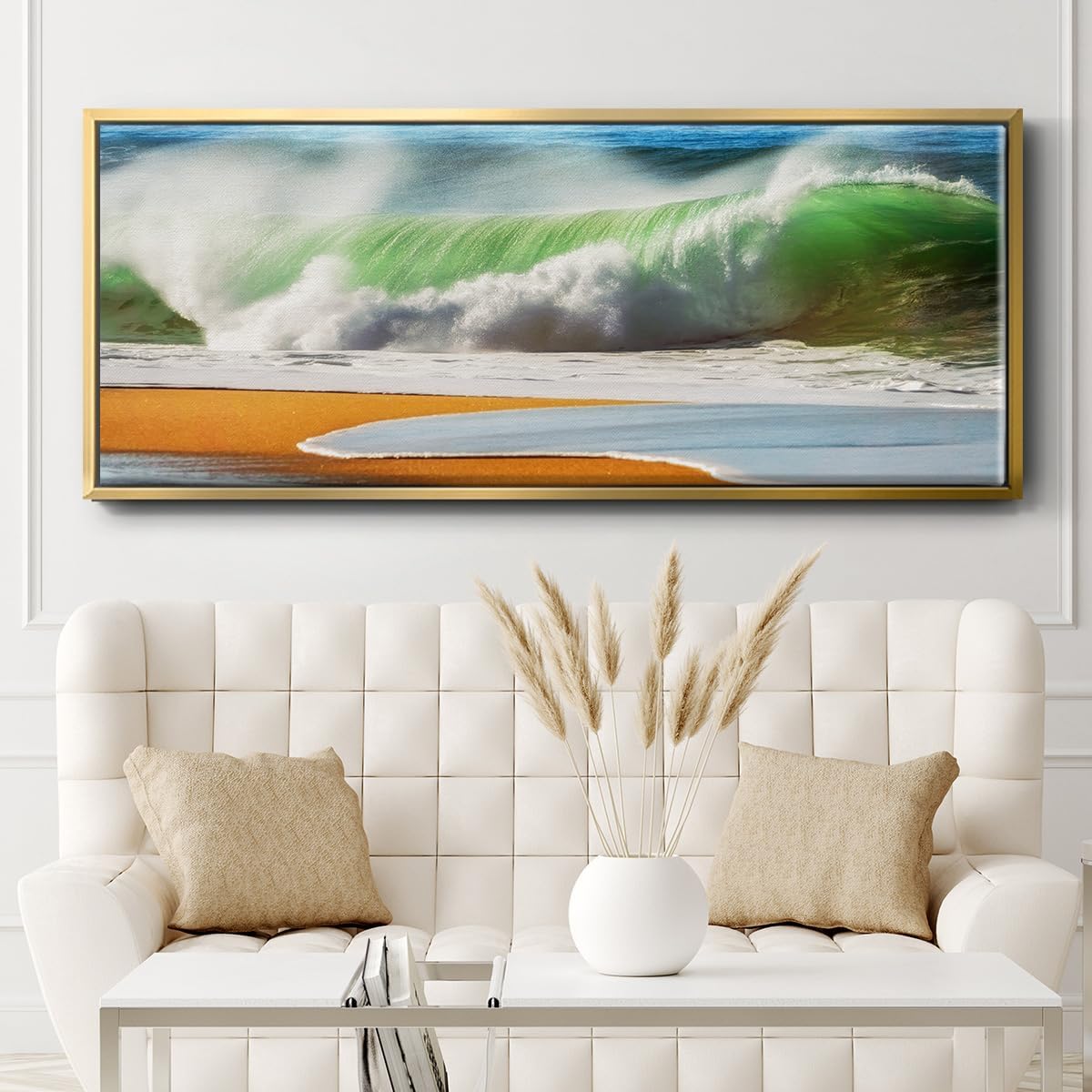 Renditions Gallery Floater Framed Home Decor Green Ocean Waves Painting Canvas Wall Hangings for Office Bedroom Kitchen Lobby - 24'x60' Gold Frame LT618