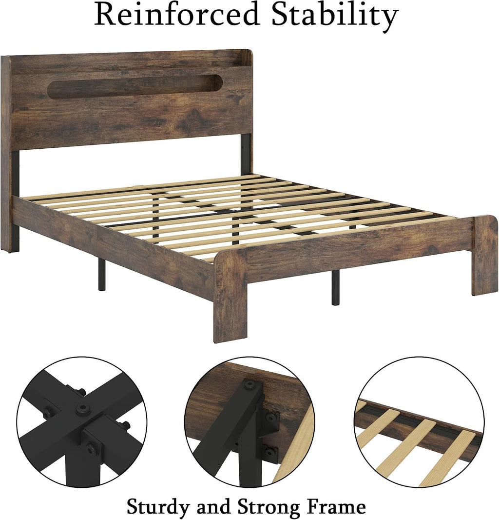 Bellemave Rustic Vintage King Size Bed Frame with Storage Headboard and Charging Station,Wooden Platform Bed Frame King Size with LED Lights and Wood Slats,Easy Assembly,Dark Brown