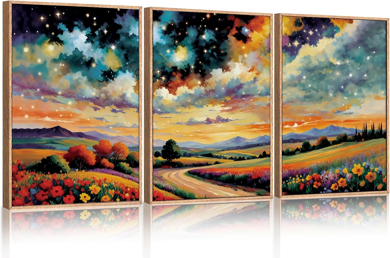 Large Abstract Mountain Flower Framed Canvas Wall Art,Colorful Starry Night Wall Decor,Retro Natural Wildflower Wall Painting,Field Artwork for Living Room,Bedroom,Dining Room,Office -24'x36'x3